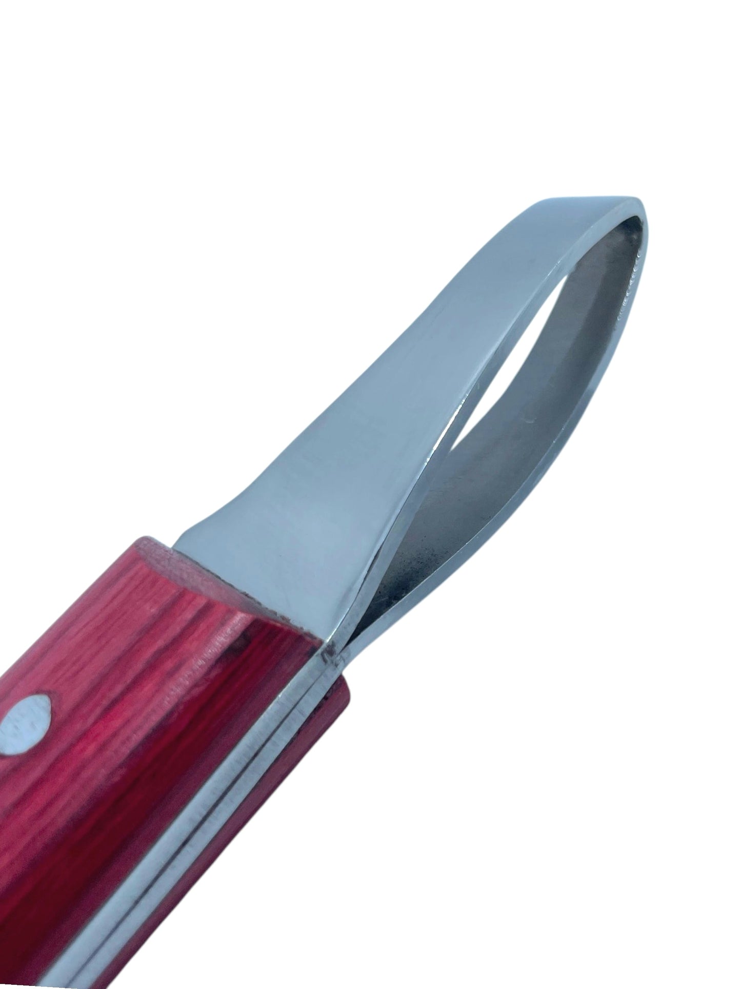 Front close-up of precision C-shaped loop blade on professional farrier hoof knife – J2 420 magnetic stainless steel