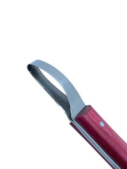 Close-up top view of C-shaped loop blade on Equine Tools Direct professional farrier hoof knife