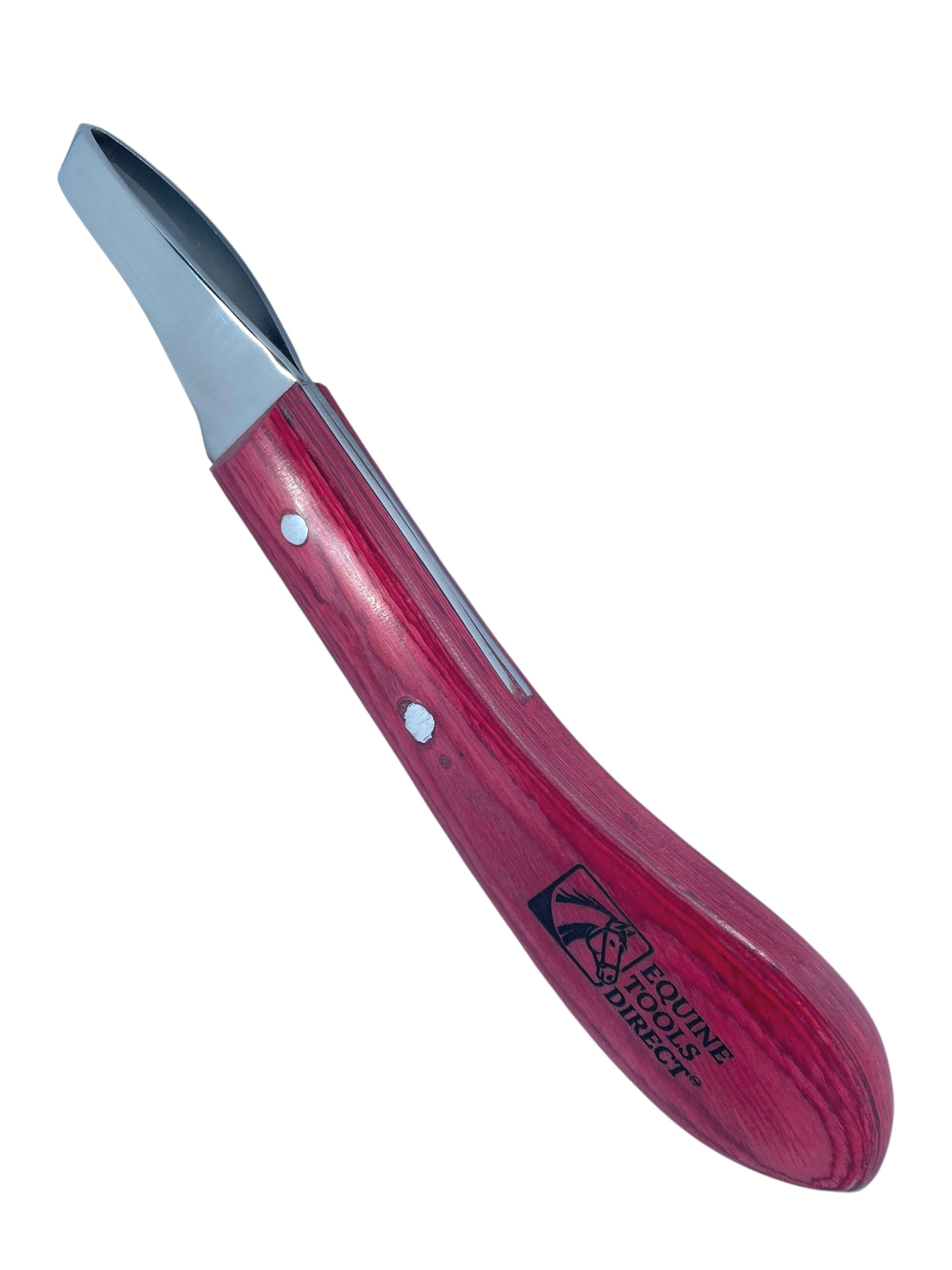 Diagonal view of loop hoof knife showing C-shaped 
stainless steel blade and red wood handle with riveted 
construction