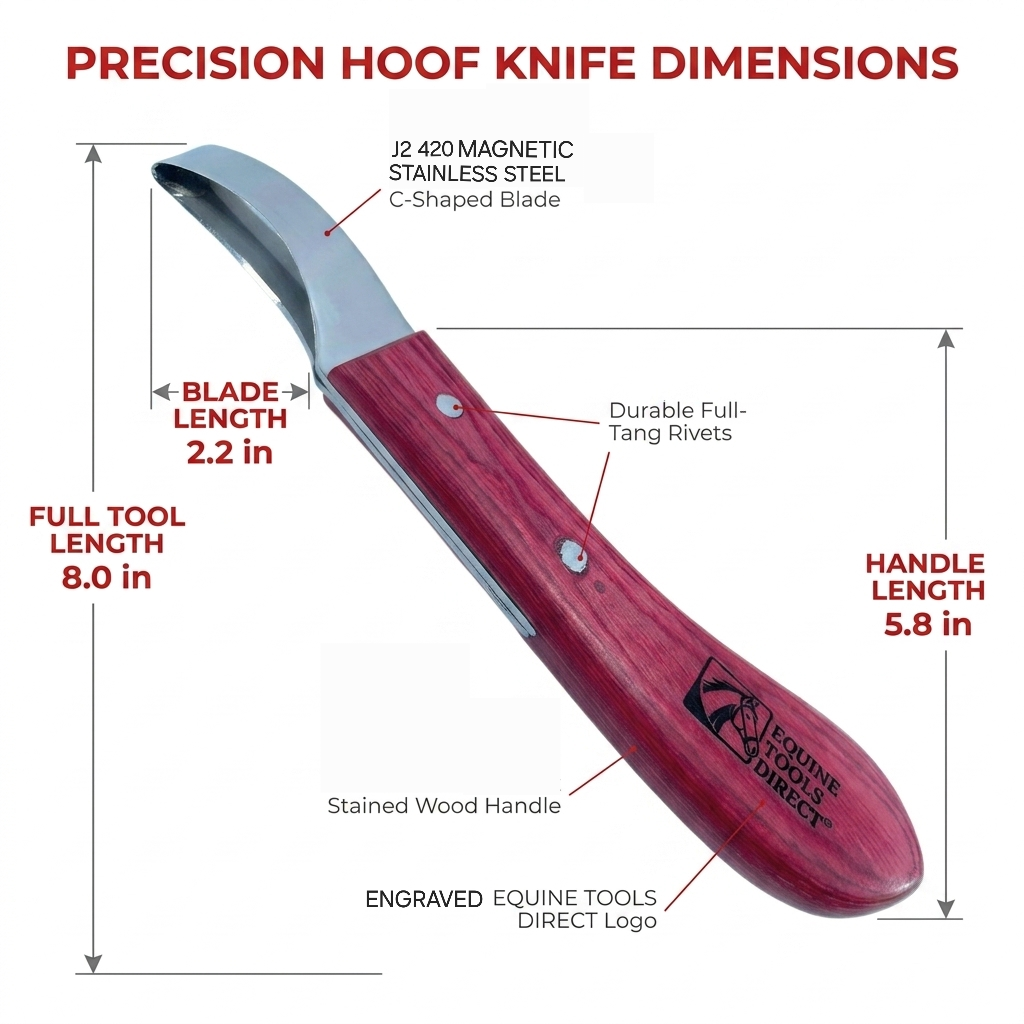 Loop hoof knife dimensions – 8.0 inch total length, 2.2 inch 
C-shaped blade, 5.8 inch red stained wood handle with full 
tang rivets