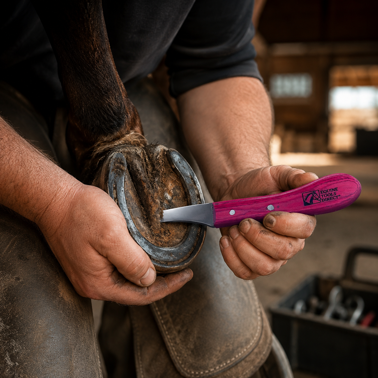 Professional farrier using Equine Tools Direct loop hoof 
knife with red handle to trim shod horse hoof in stable