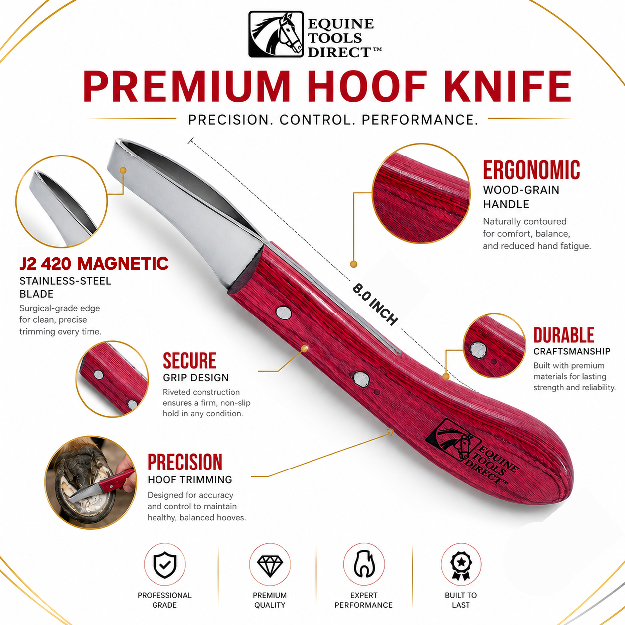 Loop hoof knife features – J2 420 magnetic stainless steel blade, ergonomic red wood-grain handle, secure grip riveted design