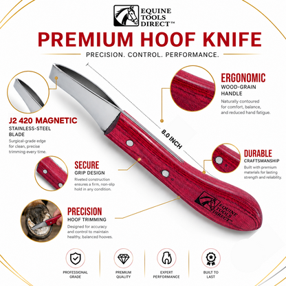 Loop hoof knife features – J2 420 magnetic stainless steel blade, ergonomic red wood-grain handle, secure grip riveted design