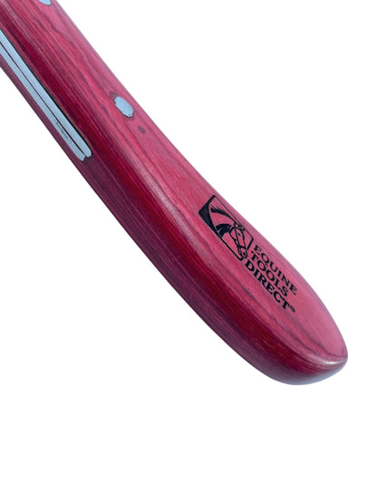 Close-up of Equine Tools Direct engraved logo on red 
stained wood handle of loop hoof knife