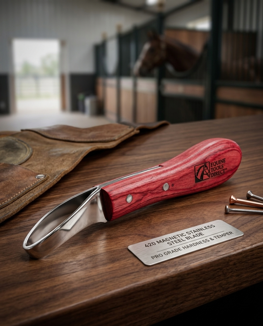 Equine Tools Direct loop hoof knife with red handle and C-shaped blade on wooden workbench with farrier apron in stable