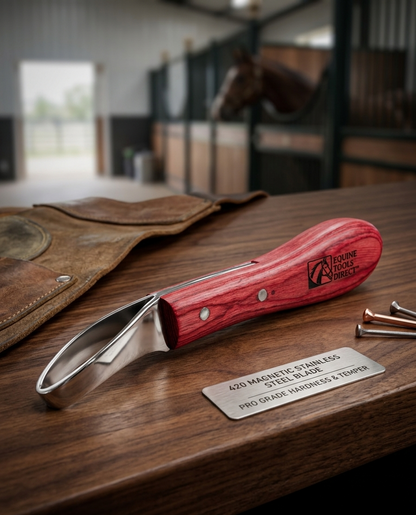 Equine Tools Direct loop hoof knife with red handle and C-shaped blade on wooden workbench with farrier apron in stable