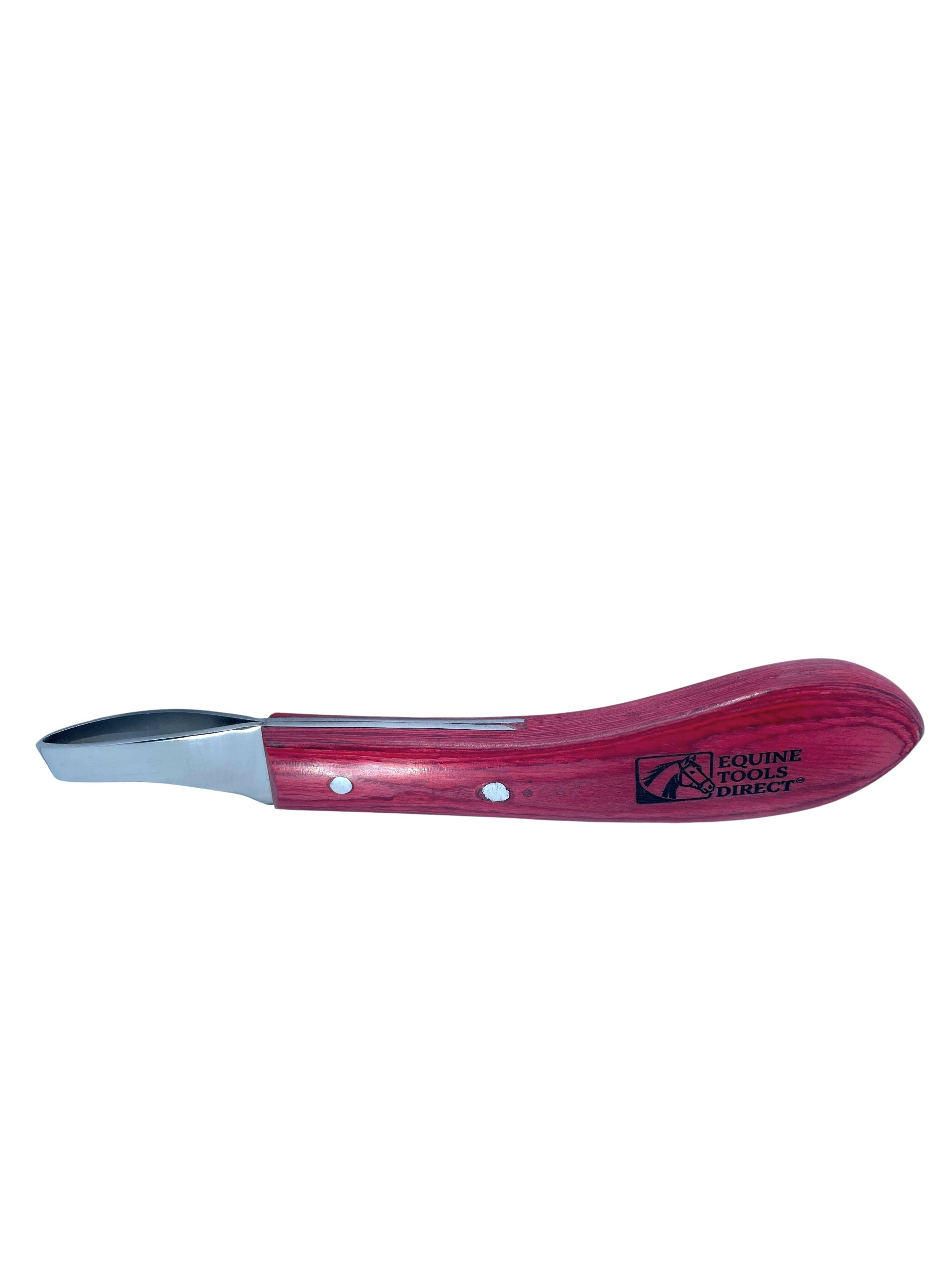 Side profile of Equine Tools Direct loop hoof knife with red 
stained wood handle and C-shaped magnetic stainless steel