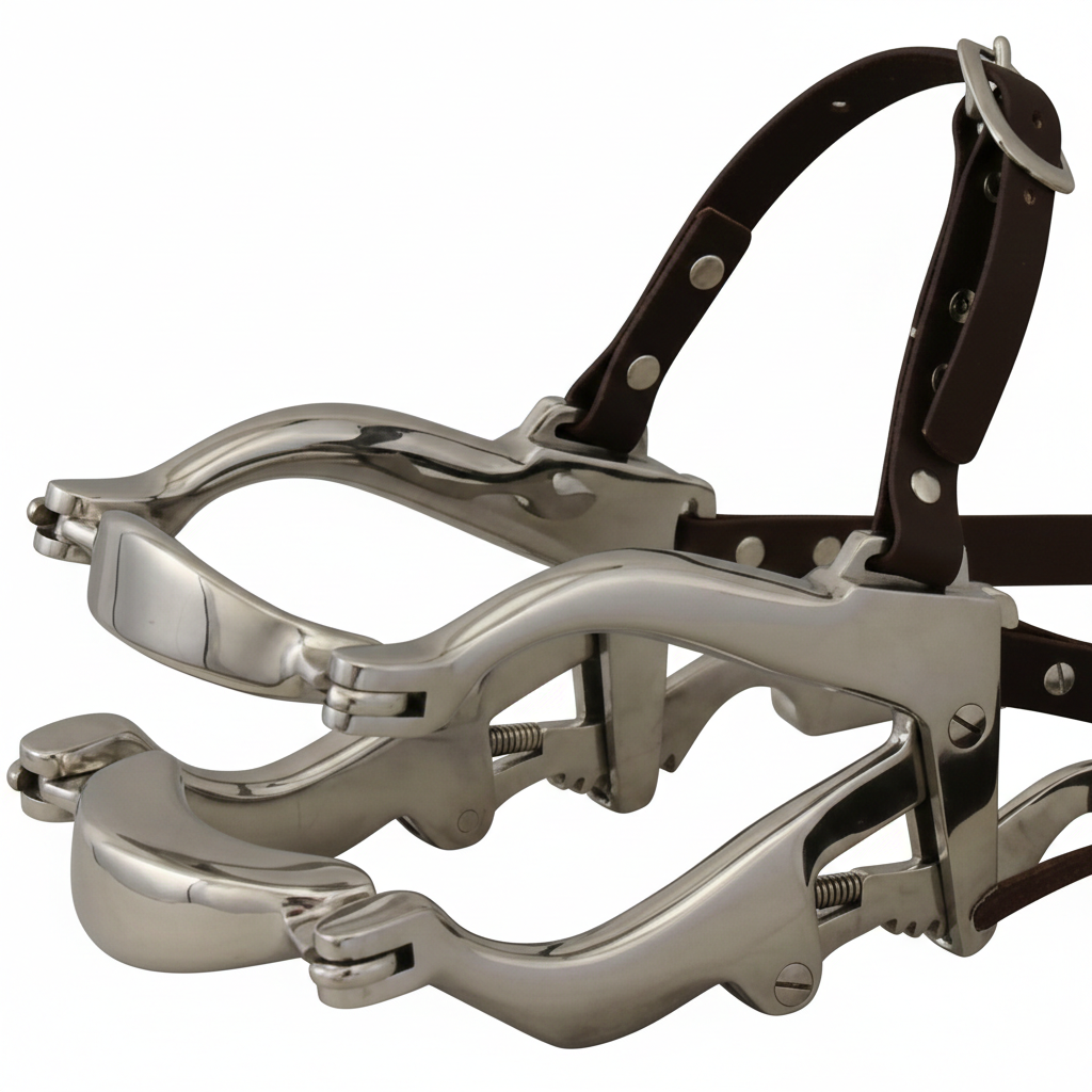 McPherson Type Climax Mouth Gag with biothane or leather straps for horses by Equine Tools Direct used in professional equine dental procedures