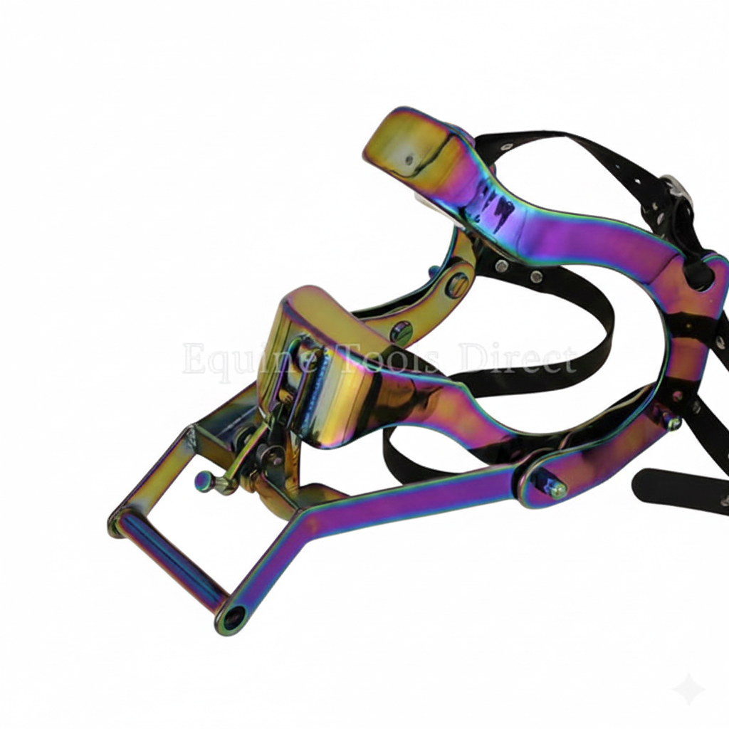 Multi-color Conrad equine dental speculum with stainless steel frame for horses by Equine Tools Direct used in professional equine dental procedures