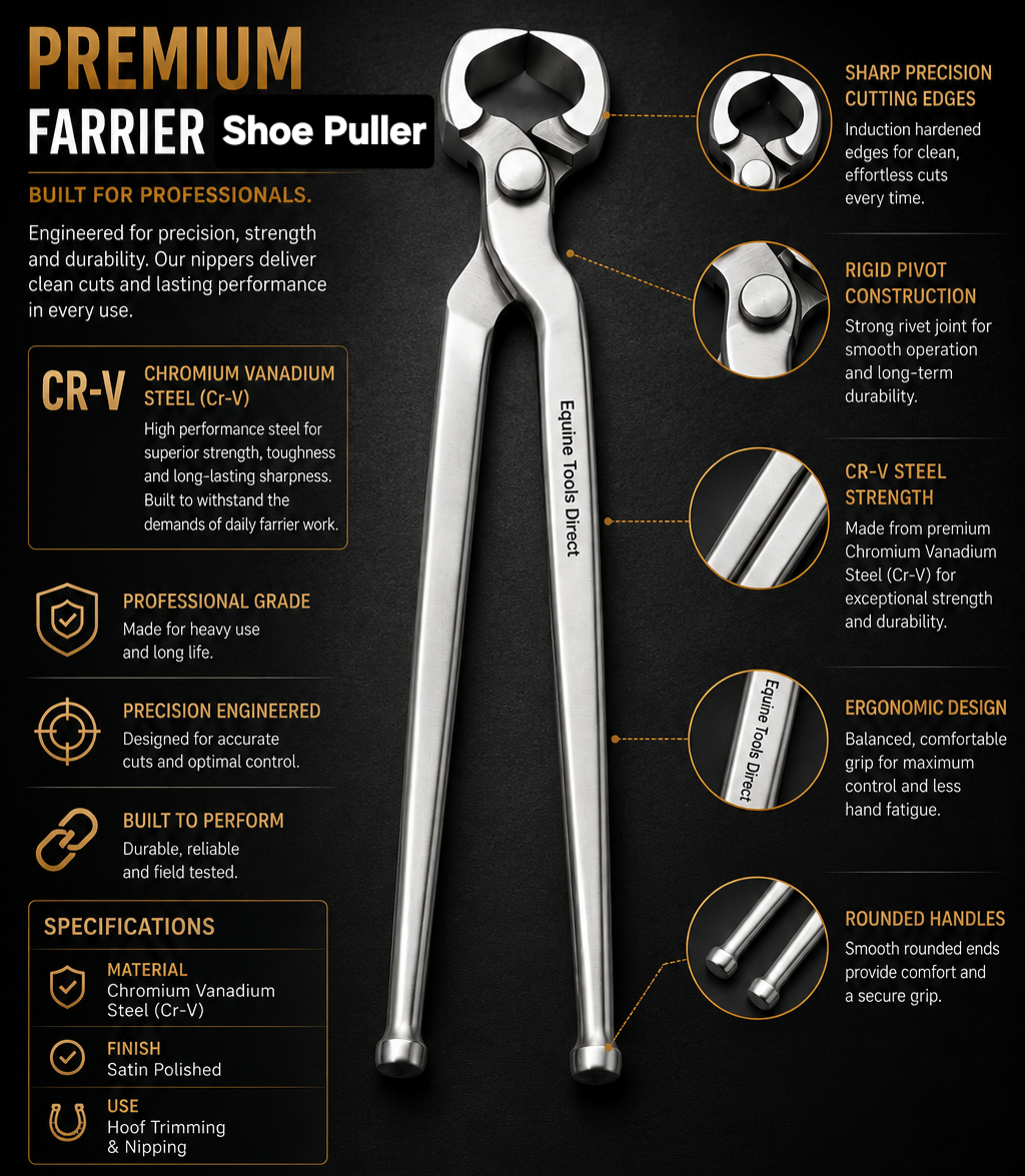Premium farrier shoe puller infographic with feature highlights