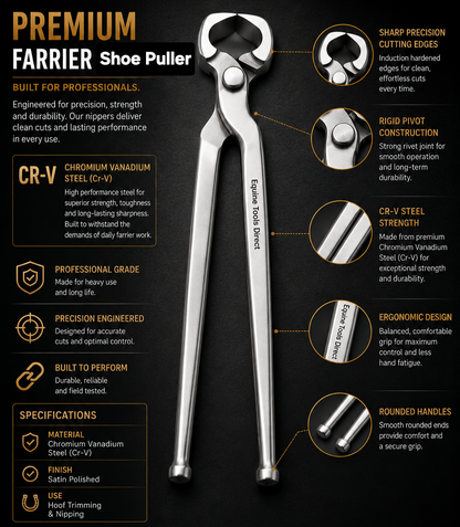 Premium farrier shoe puller infographic with feature highlights
