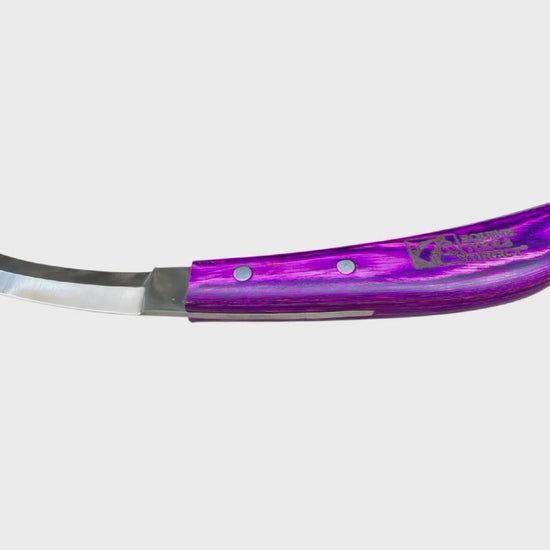 Equine Tools Direct double-edge hoof knife – J2 420 stainless steel, purple stabilized wood handle, full tang riveted construction for professional farrier use