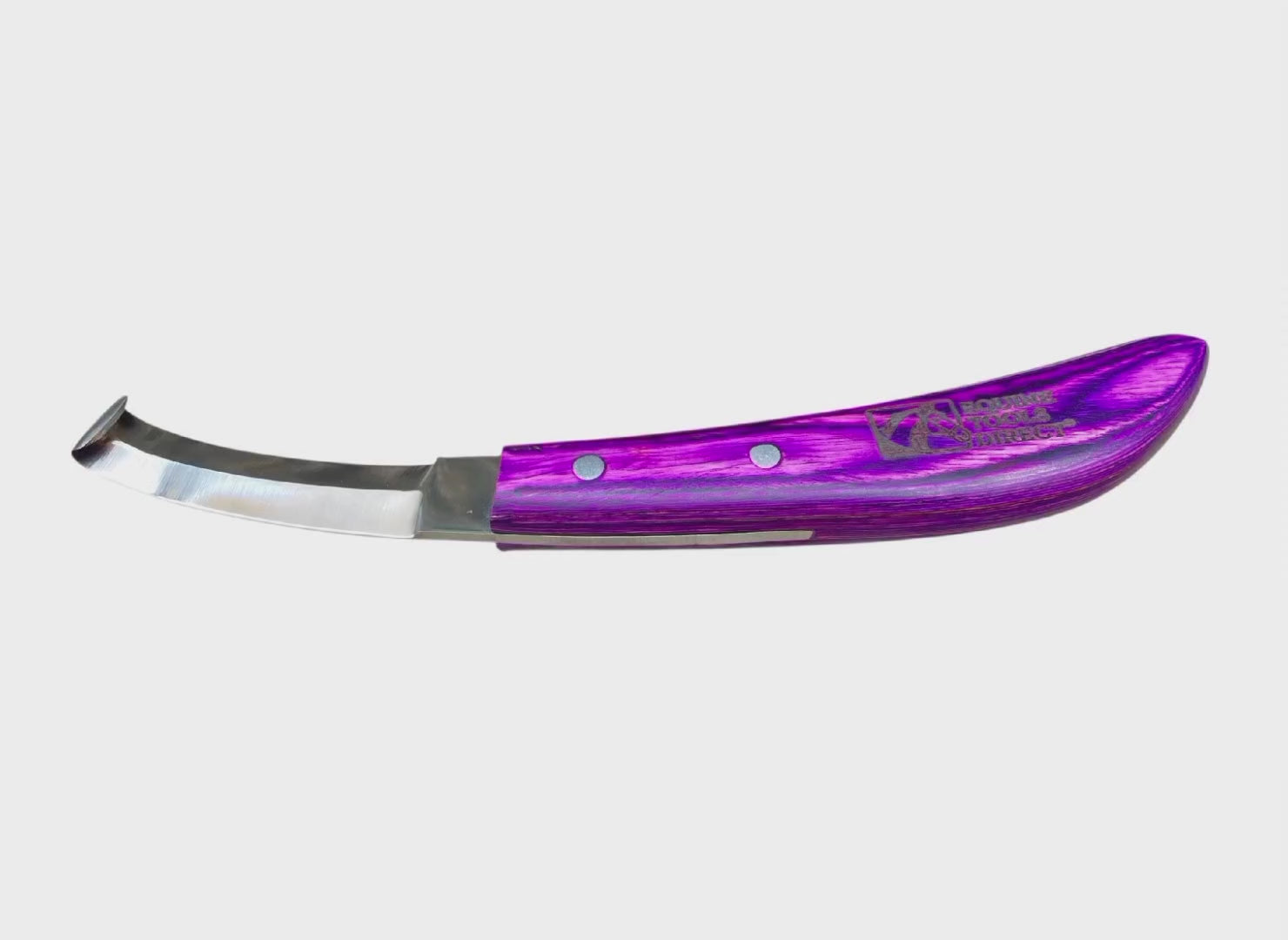 Equine Tools Direct double-edge hoof knife – J2 420 stainless steel, purple stabilized wood handle, full tang riveted construction for professional farrier use
