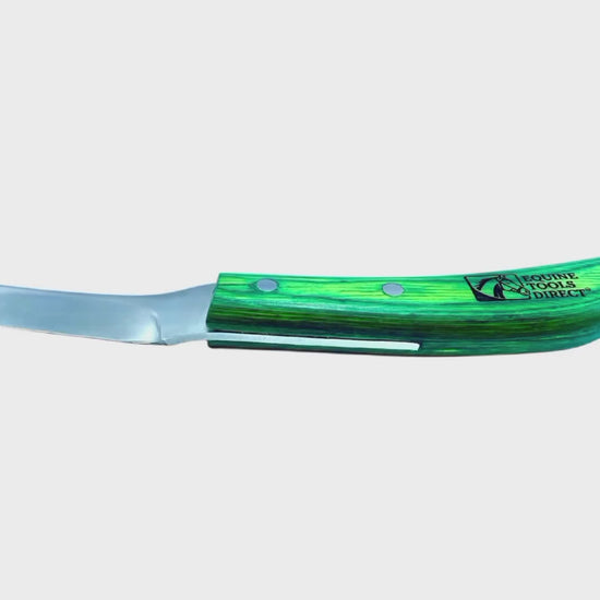 Equine Tools Direct straight blade hoof knife with rhino hook – J2 420 stainless steel, ergonomic green wood-grain handle, professional farrier tool
