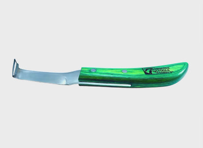 Equine Tools Direct straight blade hoof knife with rhino hook – J2 420 stainless steel, ergonomic green wood-grain handle, professional farrier tool