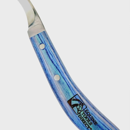 Right-hand curved blade hoof knife demonstration by Equine Tools Direct showing trimming performance and ergonomic grip