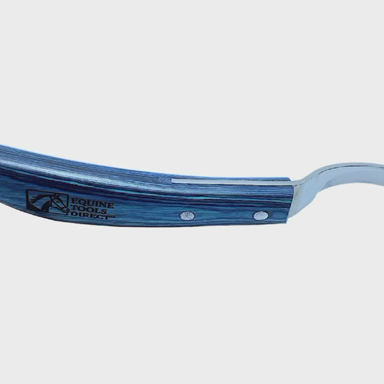 Equine Tools Direct left hand curved hoof knife – J2 420 stainless steel, ergonomic blue wood-grain handle, designed for left-handed professional farriers