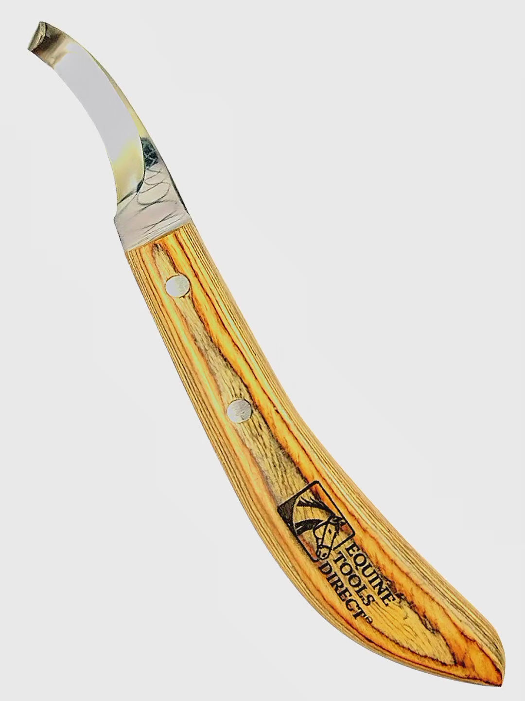 Demonstration of right-hand curved hoof knife with wooden handle by Equine Tools Direct showing trimming precision and control