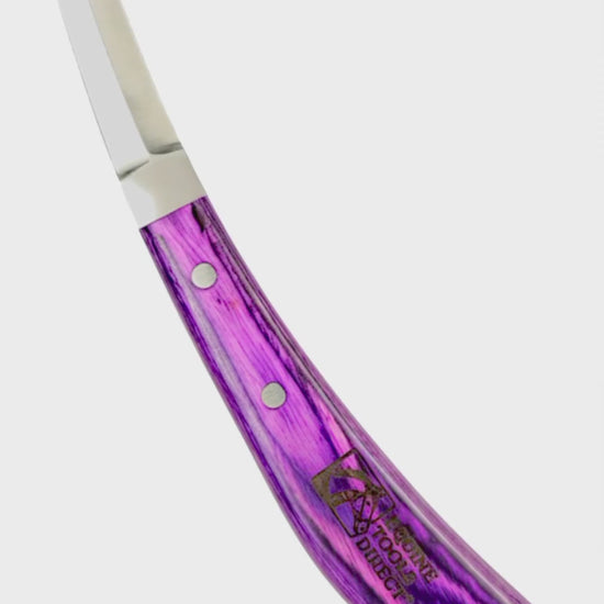 Demonstration of double-edge right-hand hoof knife by Equine Tools Direct showing trimming precision and ergonomic grip
