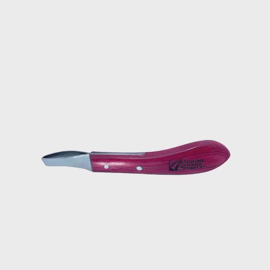 Equine Tools Direct loop hoof knife right hand – C-shaped J2 420 stainless steel blade, red stained wood handle, professional sole trimming farrier tool