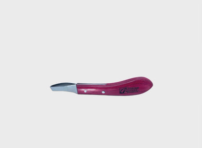 Equine Tools Direct loop hoof knife right hand – C-shaped J2 420 stainless steel blade, red stained wood handle, professional sole trimming farrier tool