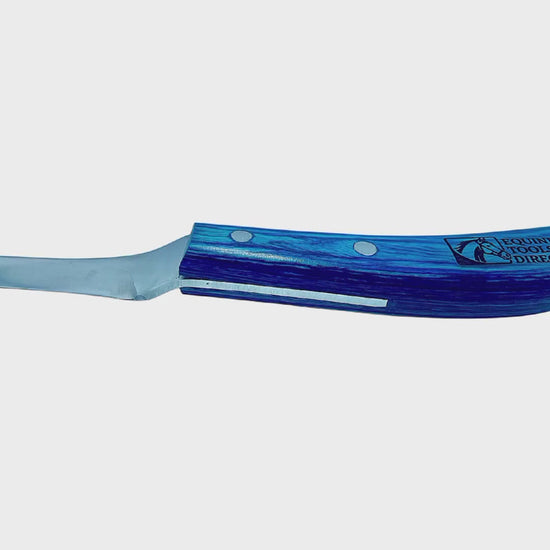 Equine Tools Direct curved hoof knife right hand – J2 420 stainless steel blade, ergonomic blue wood handle, professional farrier horse hoof trimming tool