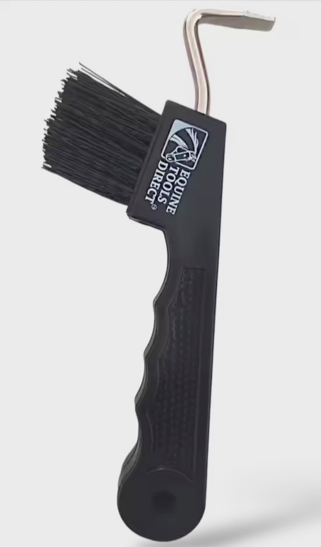 Equine Tools Direct horse hoof pick with brush – ergonomic black handle, metal hook with cleaning grooves, stiff bristle brush for horses and ponies