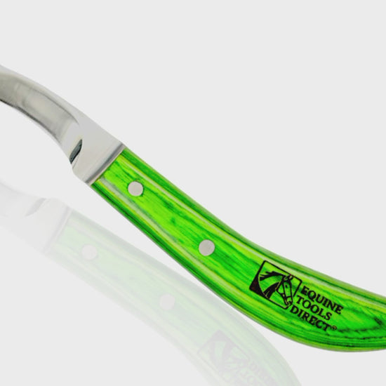 Demonstration of straight blade hoof knife with rhino hook by Equine Tools Direct showing trimming precision and control