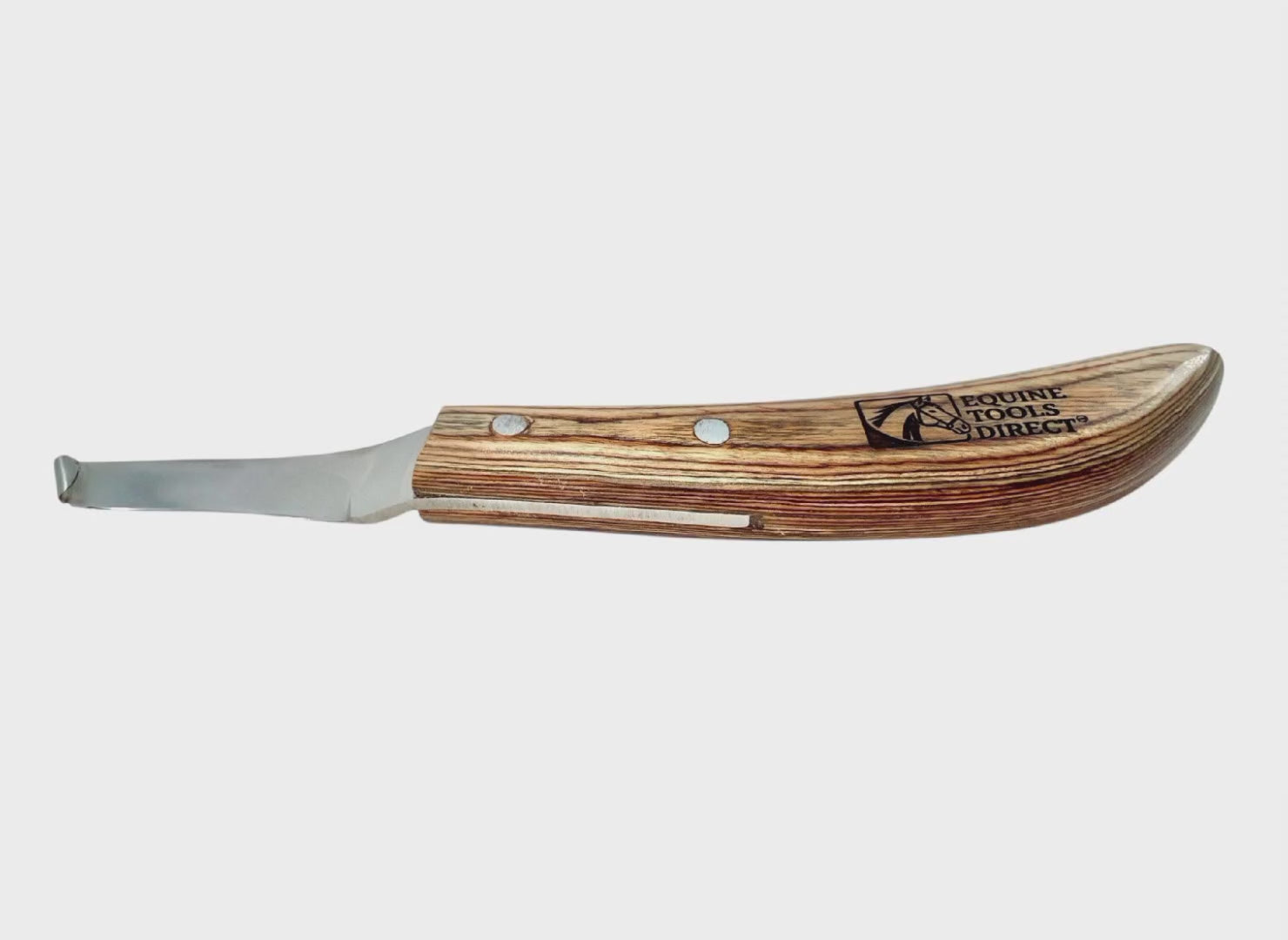 Equine Tools Direct curved hoof knife – J2 420 stainless steel blade, natural wood-grain handle, classic professional farrier hoof trimming tool