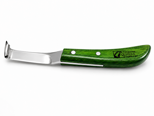 Flat side view of straight blade farrier hoof knife with rhino 
hook and ergonomic green wood-grain handle