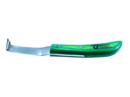 Flat side view of straight blade farrier hoof knife with rhino 
hook and ergonomic green wood-grain handle