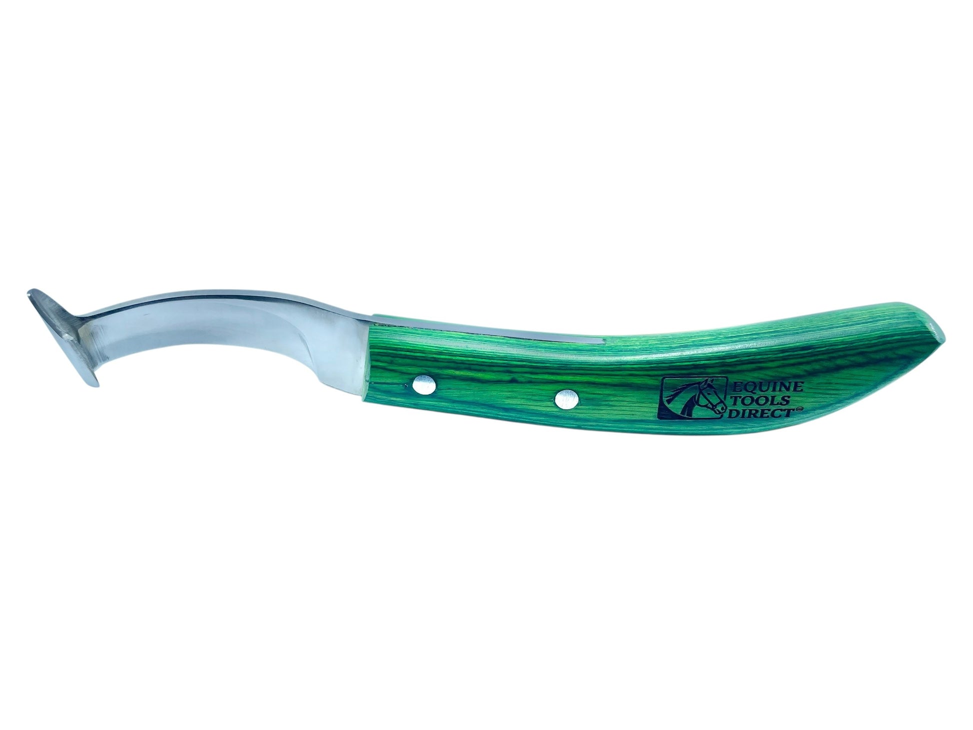 Side profile of Equine Tools Direct straight rhino hook hoof 
knife with green wood-grain handle