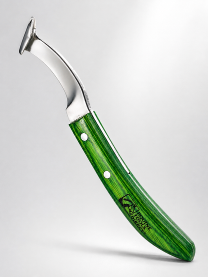 Angled full view of professional straight blade hoof knife 
with rhino hook and green wood handle
