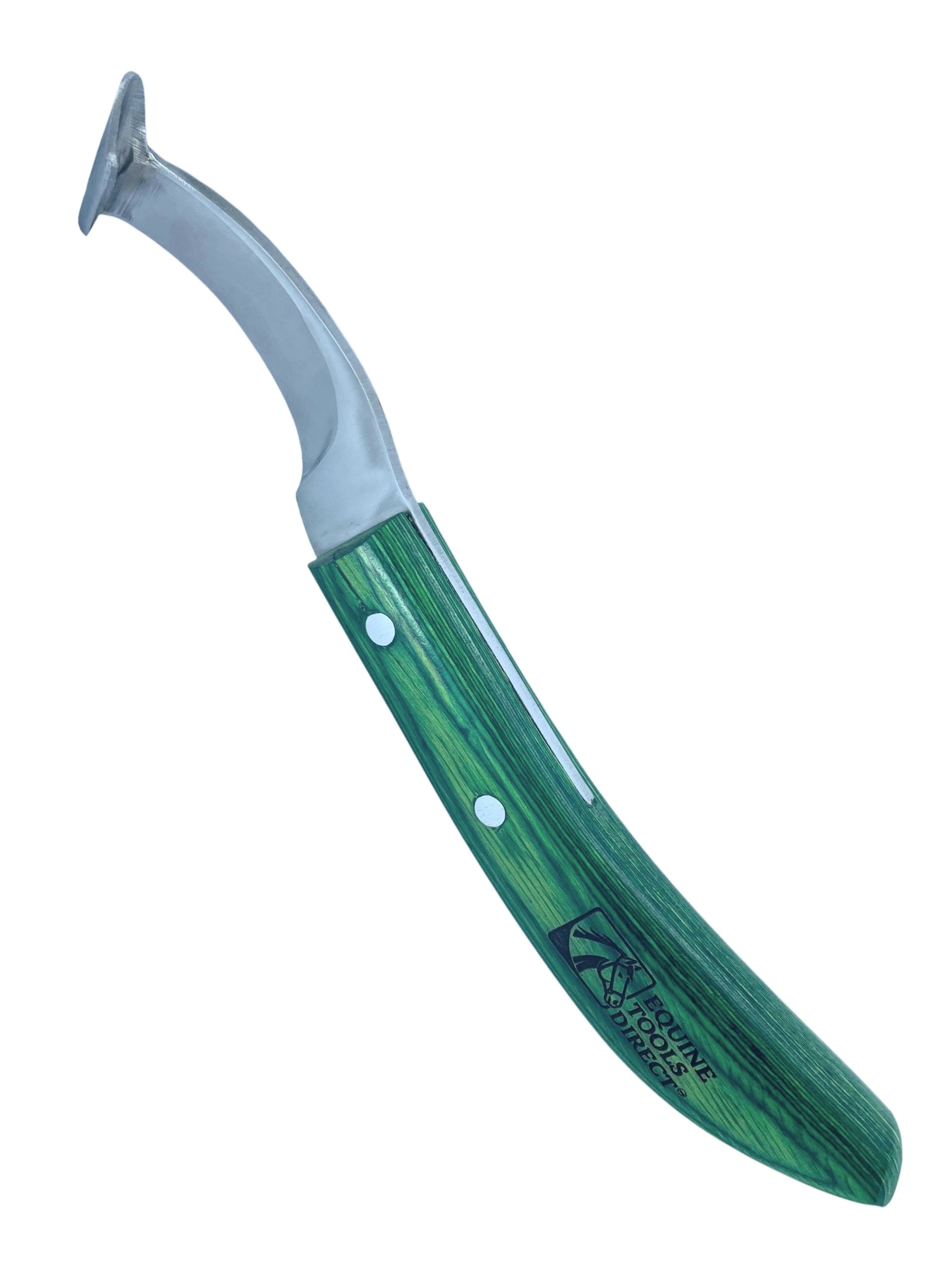 Angled full view of professional straight blade hoof knife 
with rhino hook and green wood handle