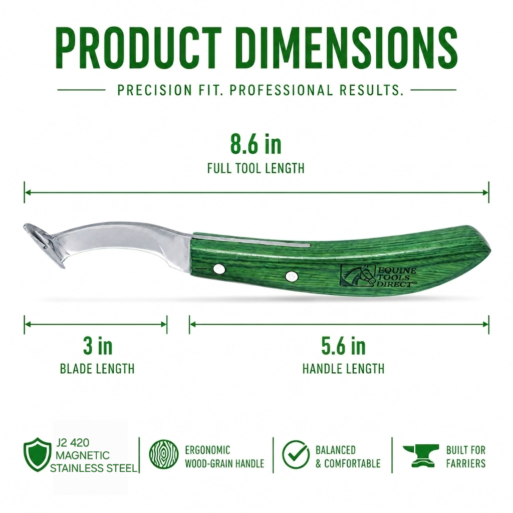 Straight blade rhino hook hoof knife dimensions – 8.6 inch 
total length, 3 inch blade, 5.6 inch green wood-grain handle