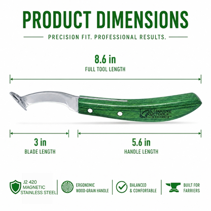 Straight blade rhino hook hoof knife dimensions – 8.6 inch 
total length, 3 inch blade, 5.6 inch green wood-grain handle