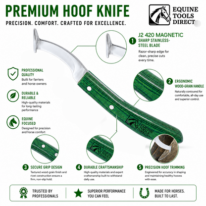 Straight blade hoof knife features – J2 420 stainless steel, 
ergonomic green wood-grain handle, secure grip riveted 
design