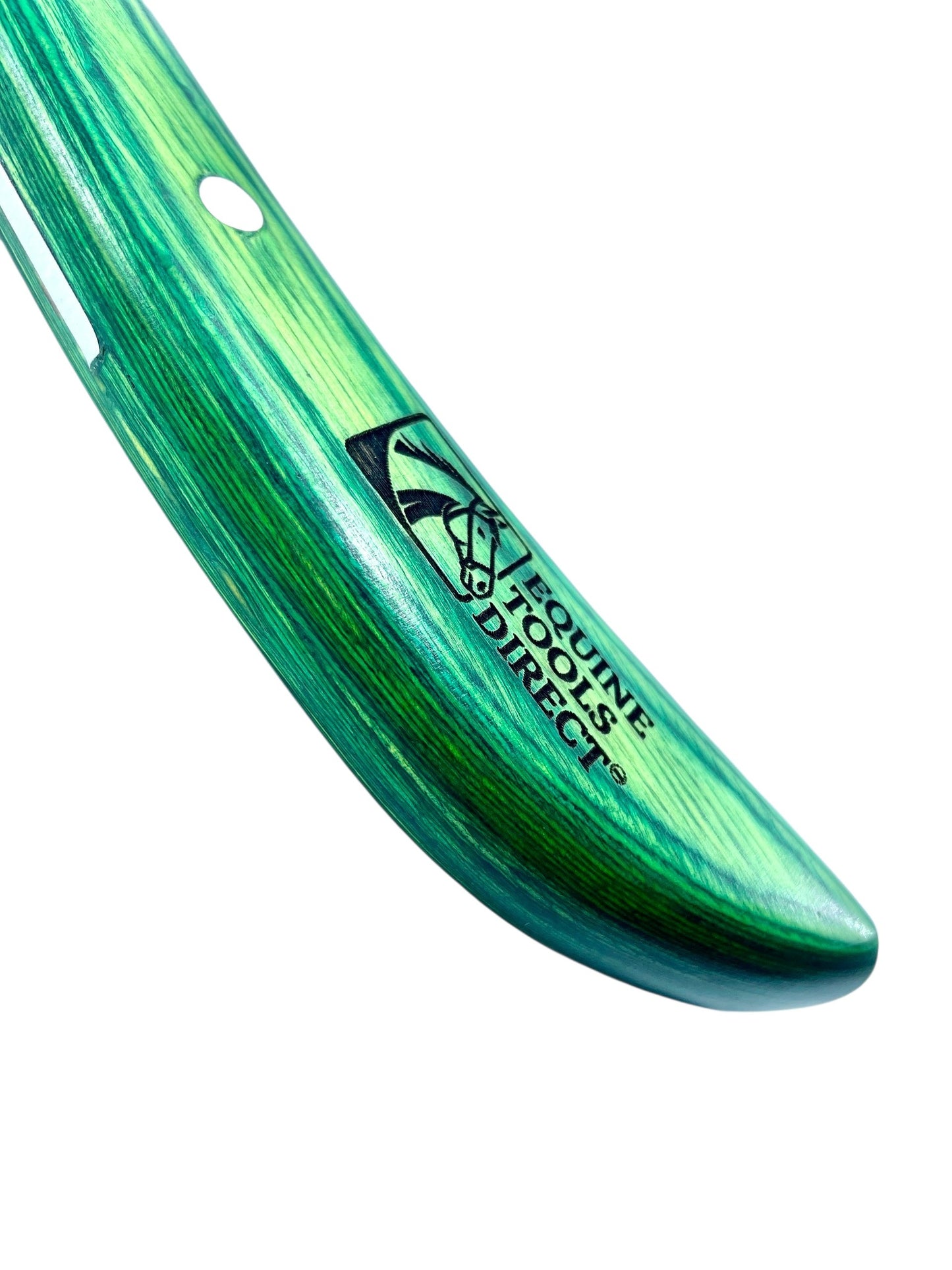 Close-up of Equine Tools Direct engraved logo on green 
wood-grain handle of straight rhino hook hoof knife
