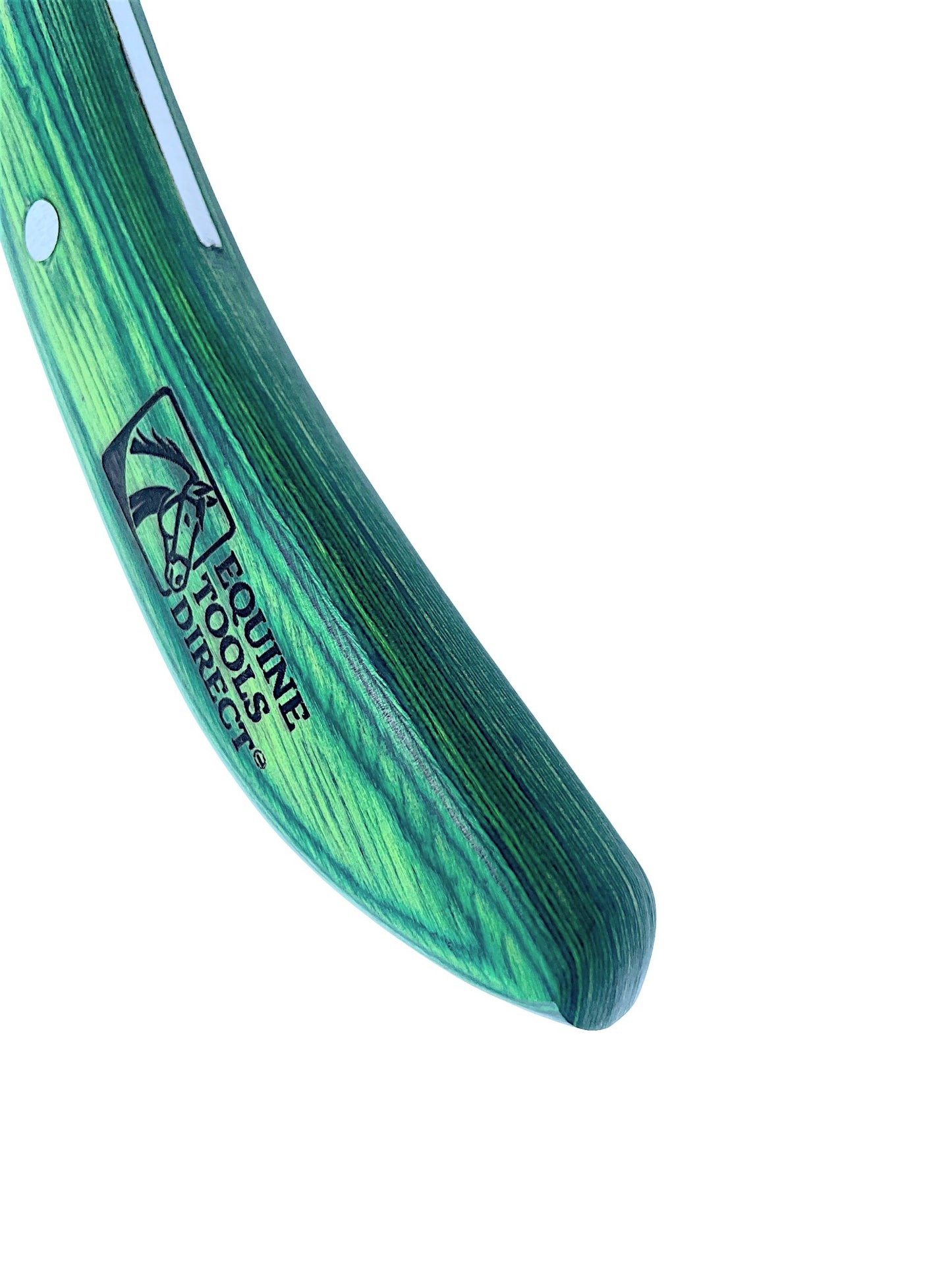 Close-up of green wood-grain handle tip with Equine Tools 
Direct engraved logo on straight rhino hook hoof knife