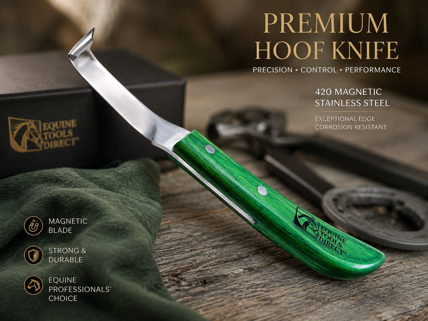 Equine Tools Direct straight hoof knife with green handle 
and rhino hook blade on flat surface with natural light