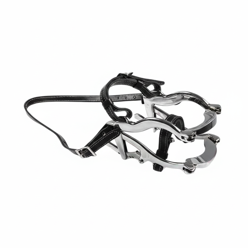 Superior full mouth gag with regular mouth plates and biothane or leather straps for horses by Equine Tools Direct used in professional equine dental procedures